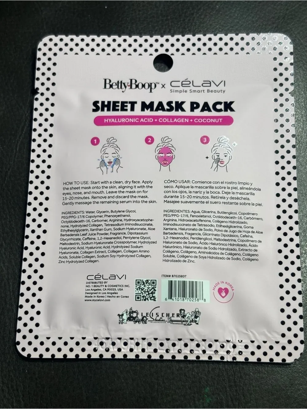 3 New Betty Boop Sheet Mask Pack Hyaluronic Acid + Collagen + Coconut